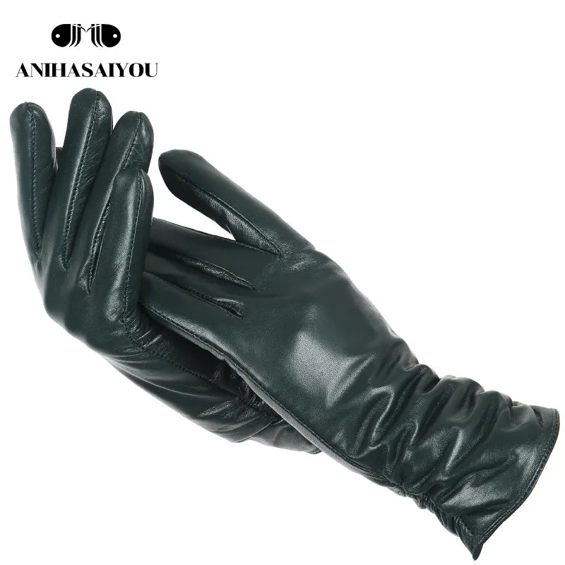 Classic Pleated Leather Gloves Women Color Real Leather Gloves Women Sheepskin Genuine Leather Winter Gloves Women-2081