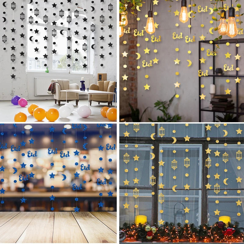 4M Ramadan Decoration 2024 Gold Moon Star Lamp Hanging Garland Ornament EID Mubarak Muslim Mubarak Party Supplies Eid Al-Fitr