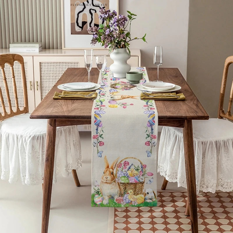 Linen Easter Table Runner Cute Bunny Dining Table Cloth 2024 Spring Holiday Happy Easter Decoration for Home Party Supplies Gift
