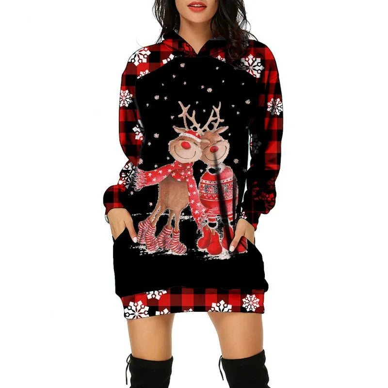 Christmas Tree Print Women Party Knitted Hoodie Dress Women Evening Dress Autumn Fashion Loose Sexy Mini Festival Famale Clothes