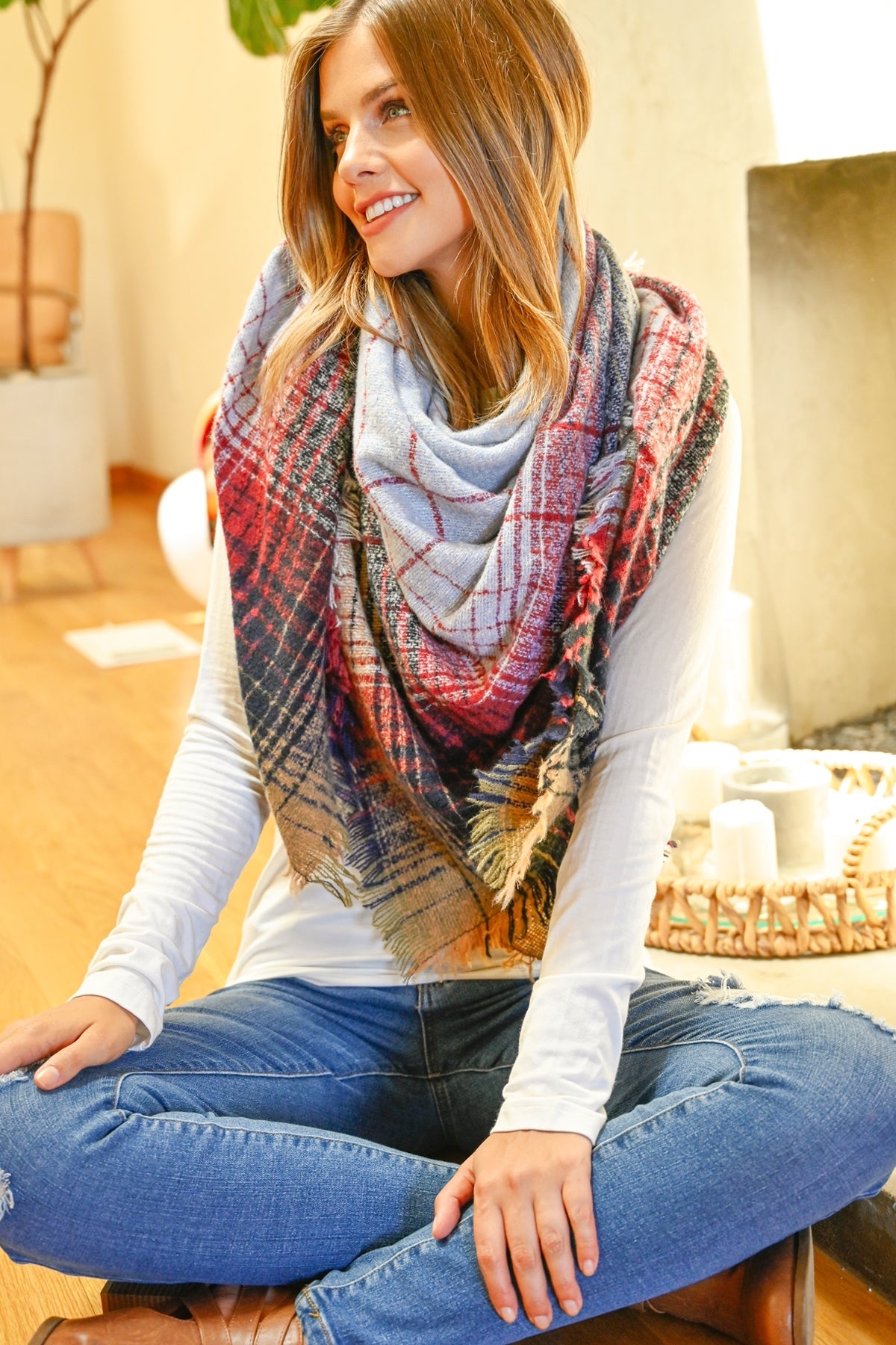 Hdf2913 - Multicolor Blanket Fringed Scarf