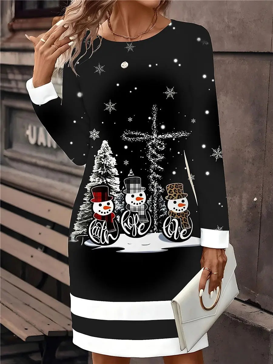 Elegant and Casual Women's Dress Black Christmas Dress Christmas Snowflake Wine Glass Print Mini Dress Long Sleeved O-Neck Dress