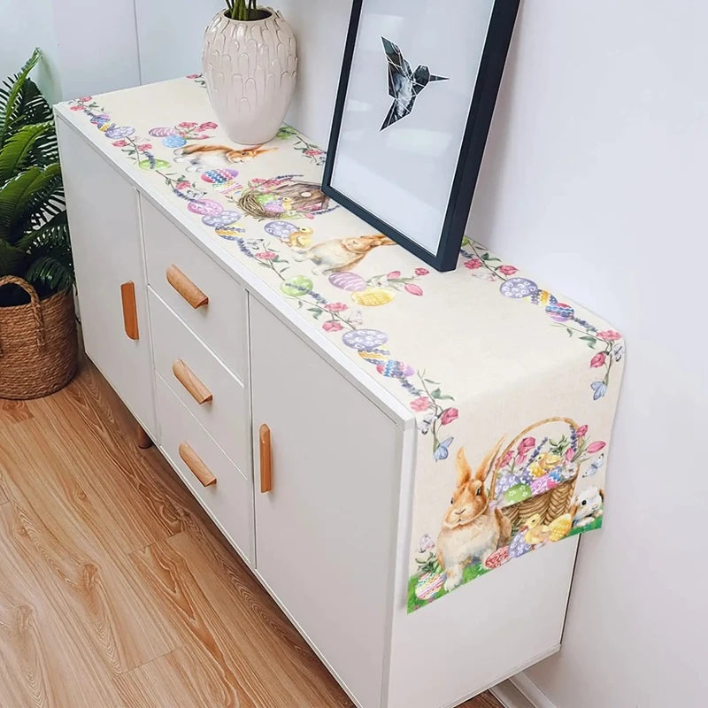 Linen Easter Table Runner Cute Bunny Dining Table Cloth 2024 Spring Holiday Happy Easter Decoration for Home Party Supplies Gift
