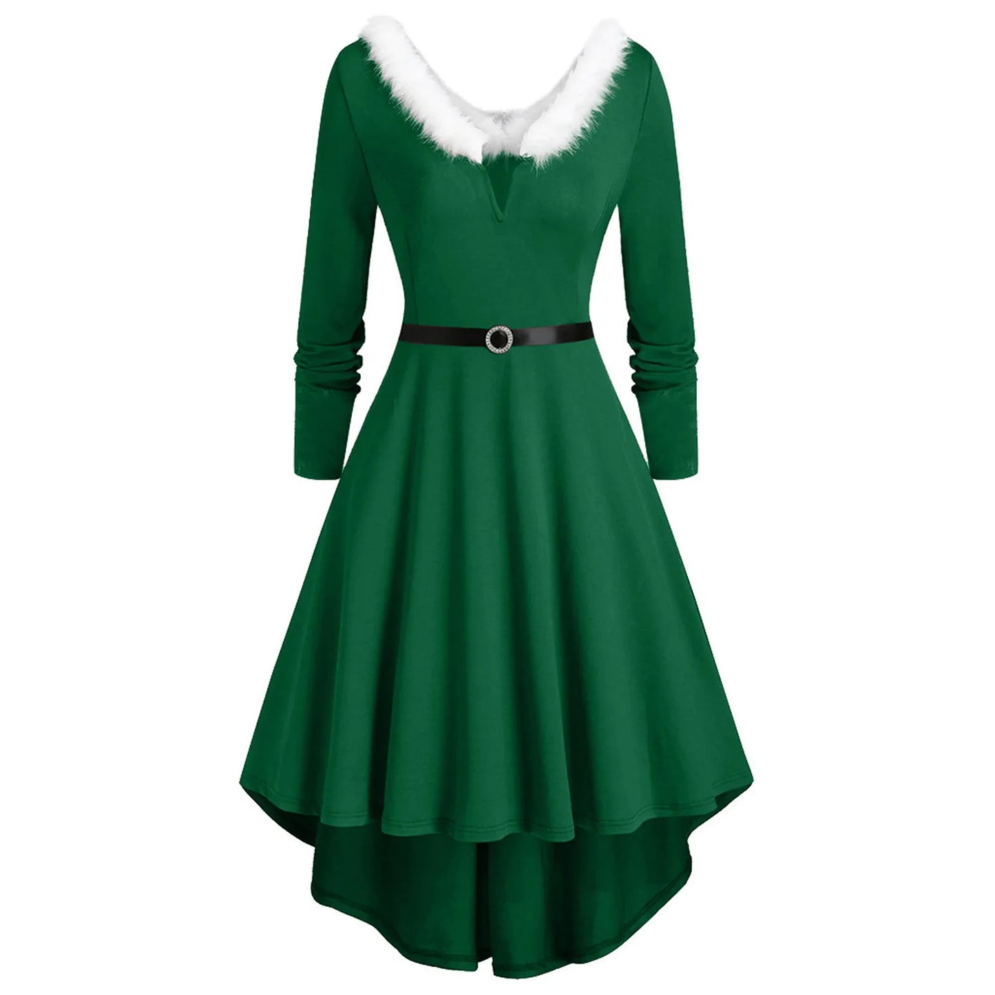 Christmas Party Long Dress Women Sexy V-Neck Red Swing Dress Winter White Plush Trim Pleated Asymmetric Midi Dress Santa Costume