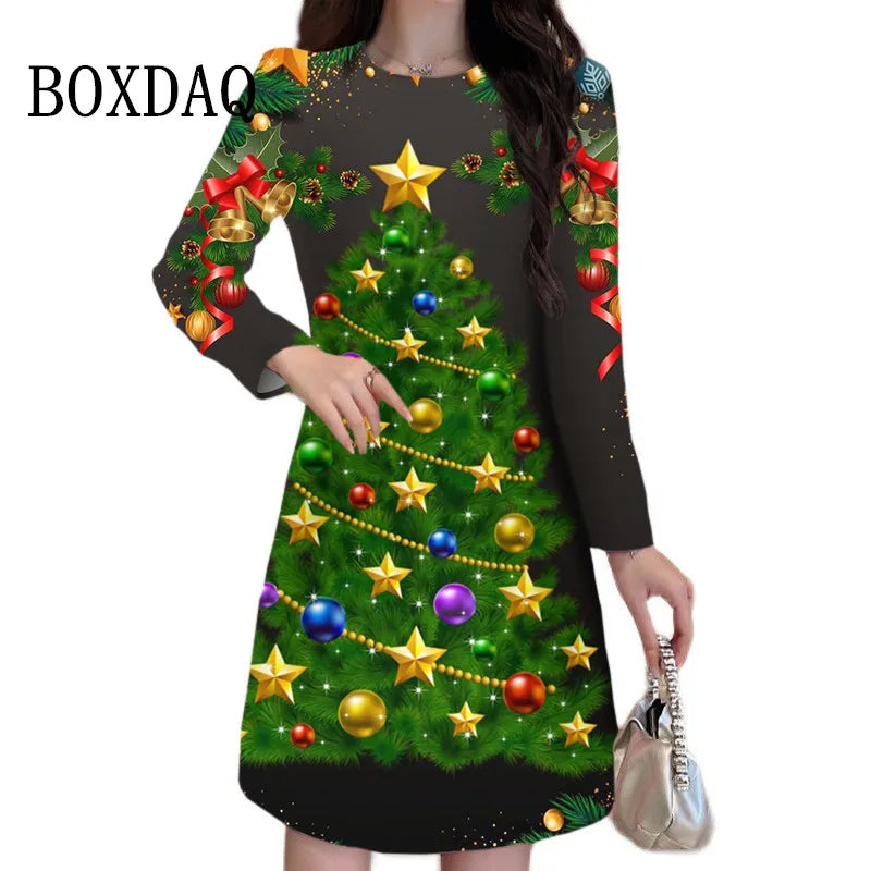 Cartoon Cute Print Women Dress Long Sleeve Santa Claus Pattern Christmas Dress Autumn Winter Casual Party Mini Dresses Plus Size