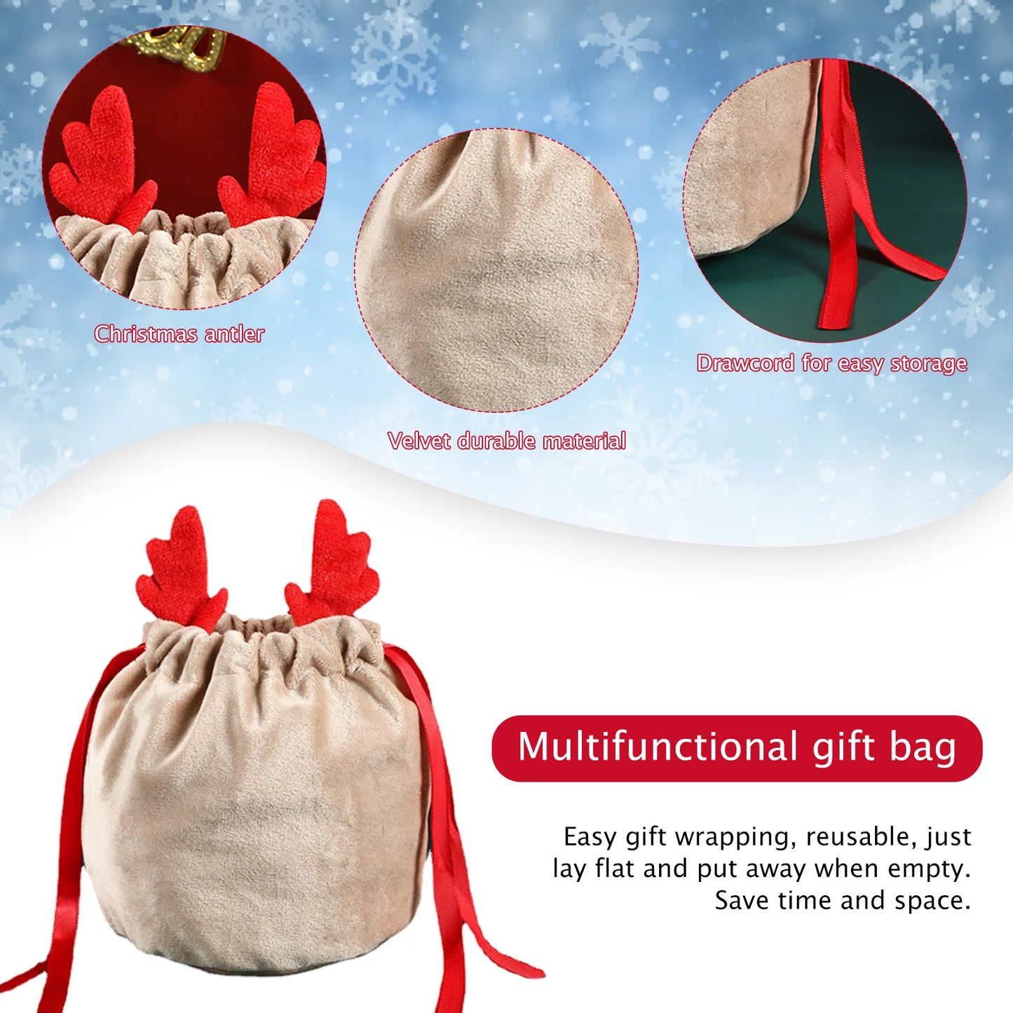 5/10Pcs Christmas Reindeer Candy Gift Bag Velvet Santa Sacks Drawstring Gift Bags Christmas Decoration Kids New Year Party Gift