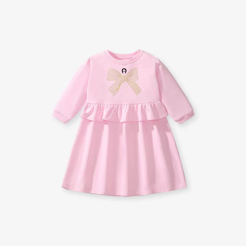 Sweet Beauty Baby Clothing Autumn New Bow Print Dress Pure Cotton Round Neck Long Sleeved Pink Girls' Casual Dress