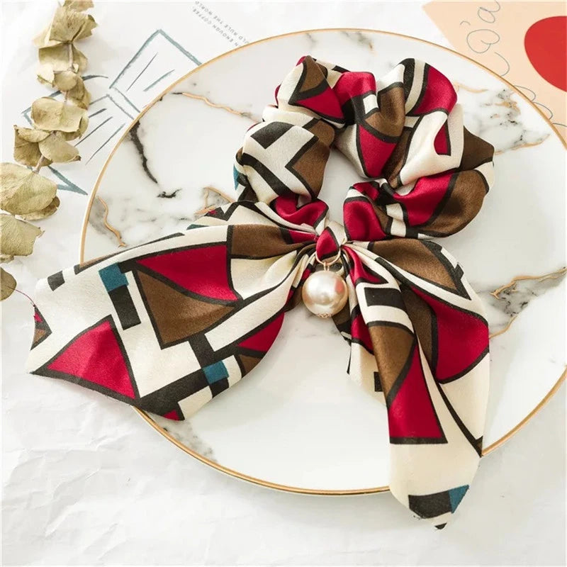 Fashion Bowknot Ponytail Holder Elastic Hair Bands for Girls Flower Printing Hair Accessories Women Hairband Ribbon Headwear