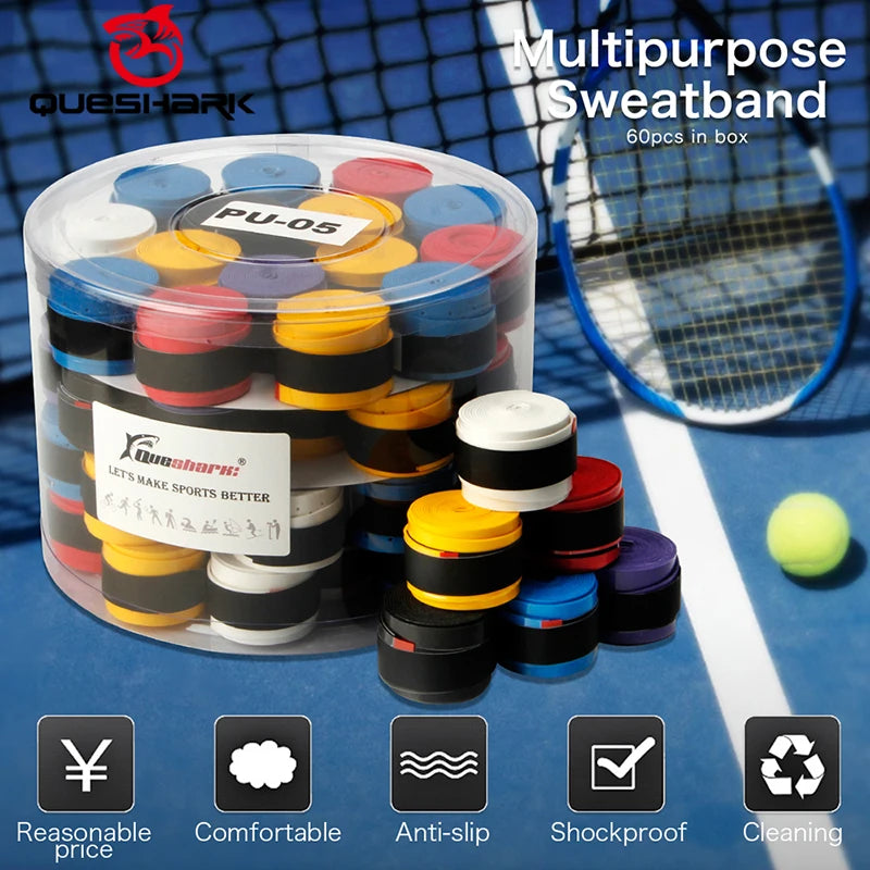 QUESHARK Pro 60 Pcs Tennis Racket Grips Coated Anti-Skid Sweat Absorbed Tapes Badminton Tennis Overgrips Fishing Rod Sweatbands