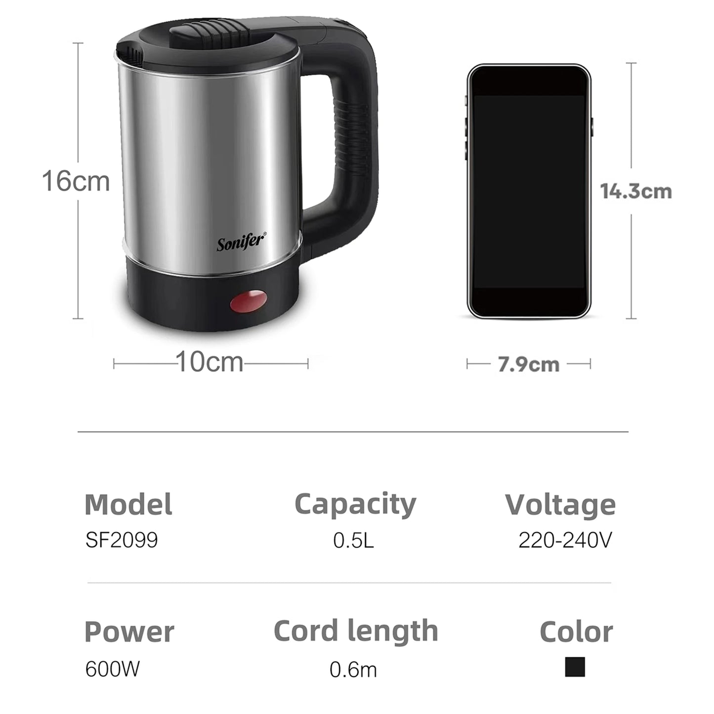 0.5L Mini Electric Kettle Tea Coffee Stainless Steel 600W Portable Travel Water Boiler Pot for Hotel Family Trip Sonifer