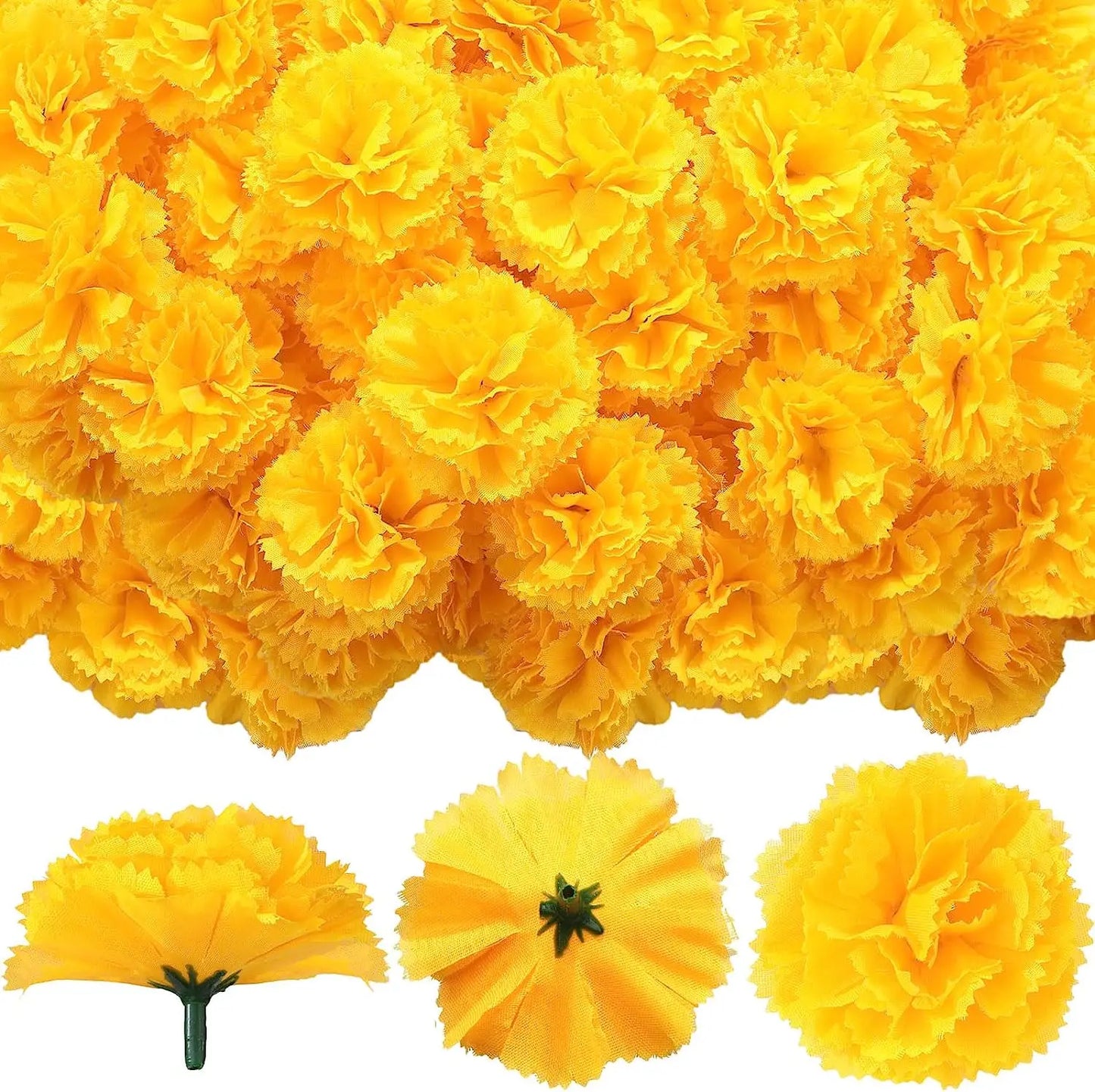 Yannew 50pcs Artificial Marigold Flower Head Yellow Bulk Day of the Dead Decoration for DIY Wreath Halloween Diwali Indian Decor