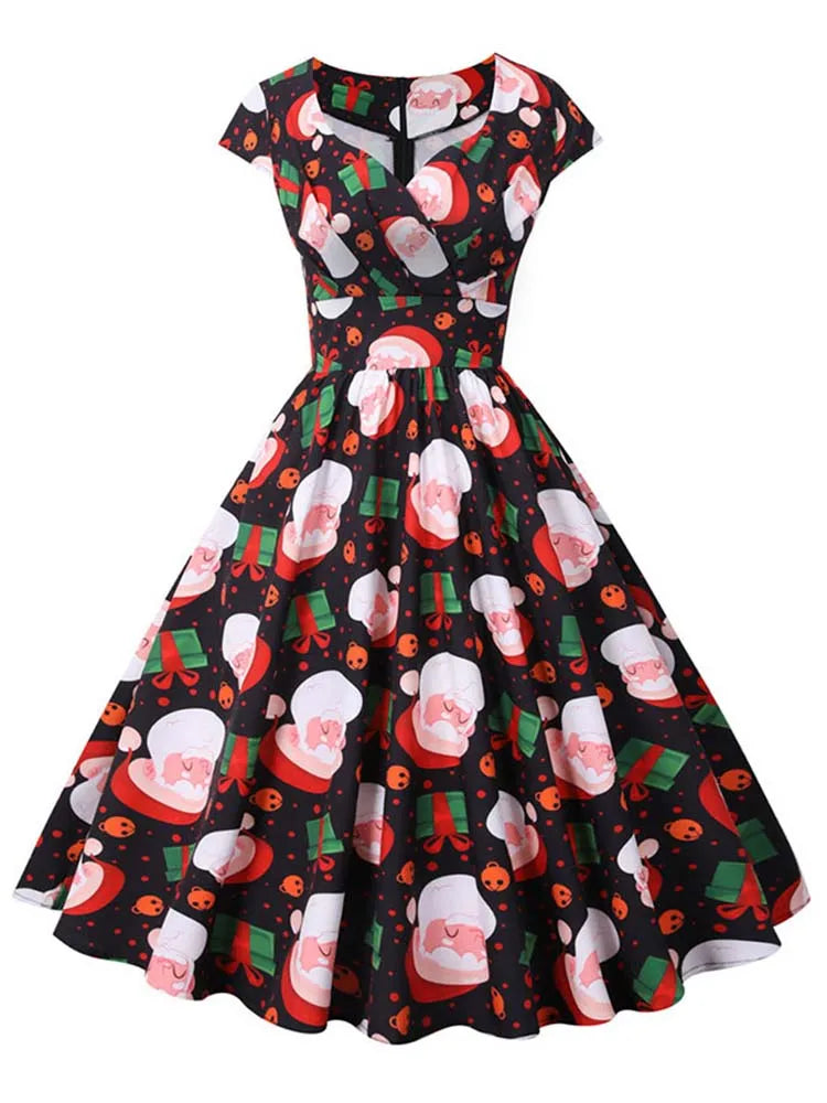 White Print Vintage Christmas Dress Women Winter Big Swing Elegant Short Sleeve v Neck Sexy New Year Party Sundress