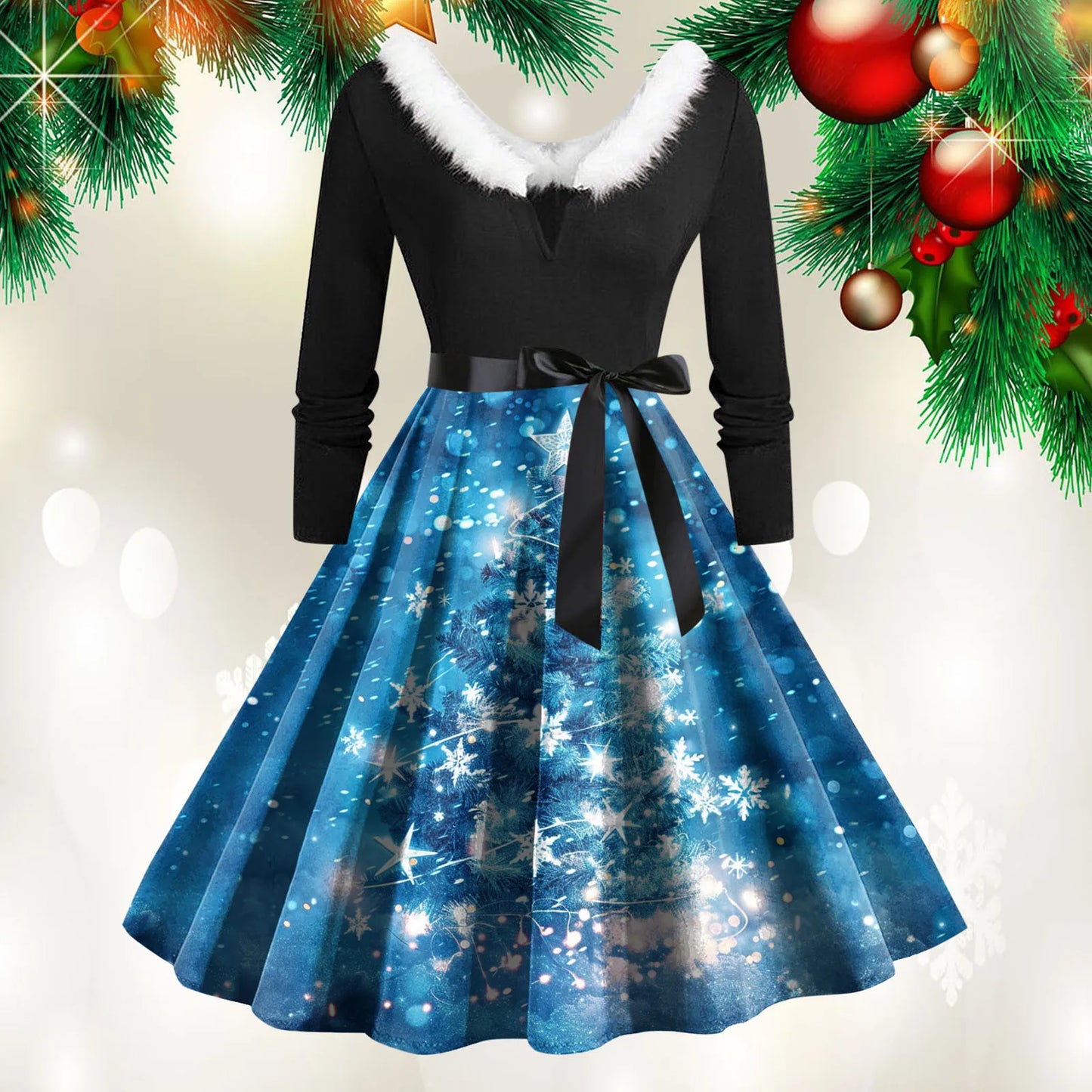 Christmas Print Vintage Dress Women Swing Robe Pinup Fur Collar Long Sleeve Party Dresses Autumn Winter A-Line Robes Vestido