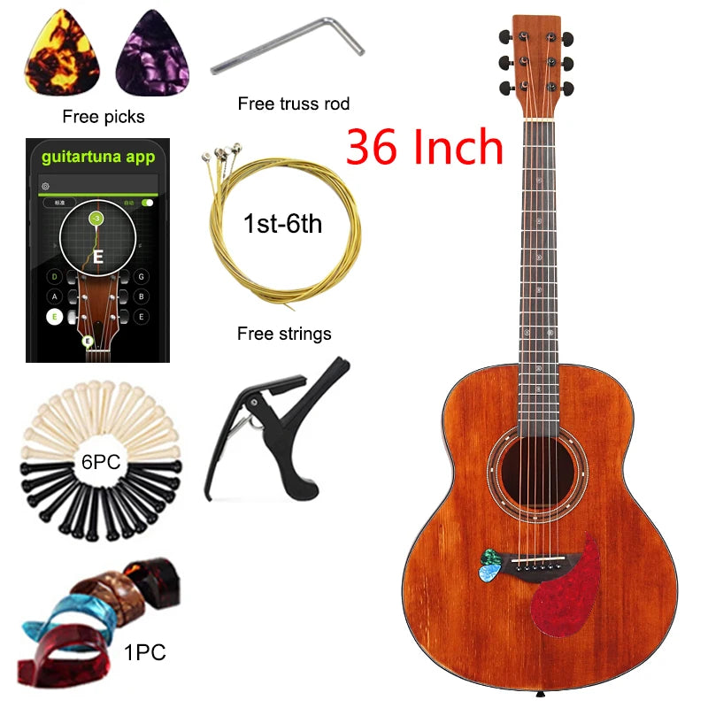 Travel Guitar 36 Inch Acoustic Guitar 6 String Mini Guitars Brown and Natural Color Folk Guitar Full Sapele