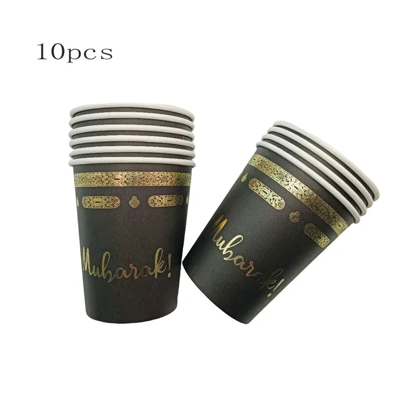Hot Stamping Eid Mubarak Disposable Paper Plate Cup Napkin Islamic Muslim Eid Al Adha Home Party Decor Ramadan Kareem Supplies