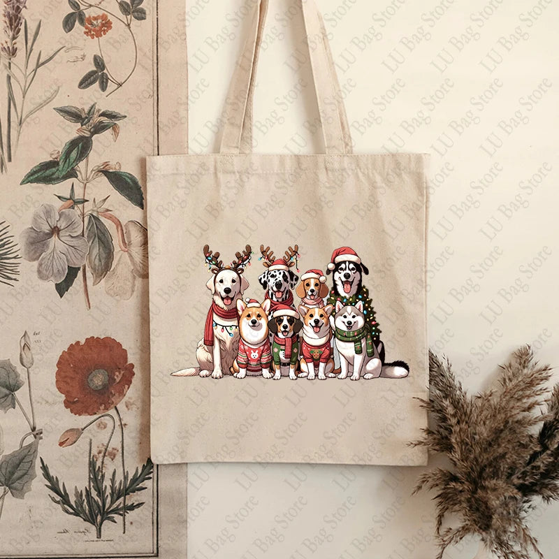 Christmas Dogs Pattern Tote Bag Canvas Shoulder Bag Women's Reusable Shopping Bags Best Gift for Xmas Dog Lover Christmas Gift