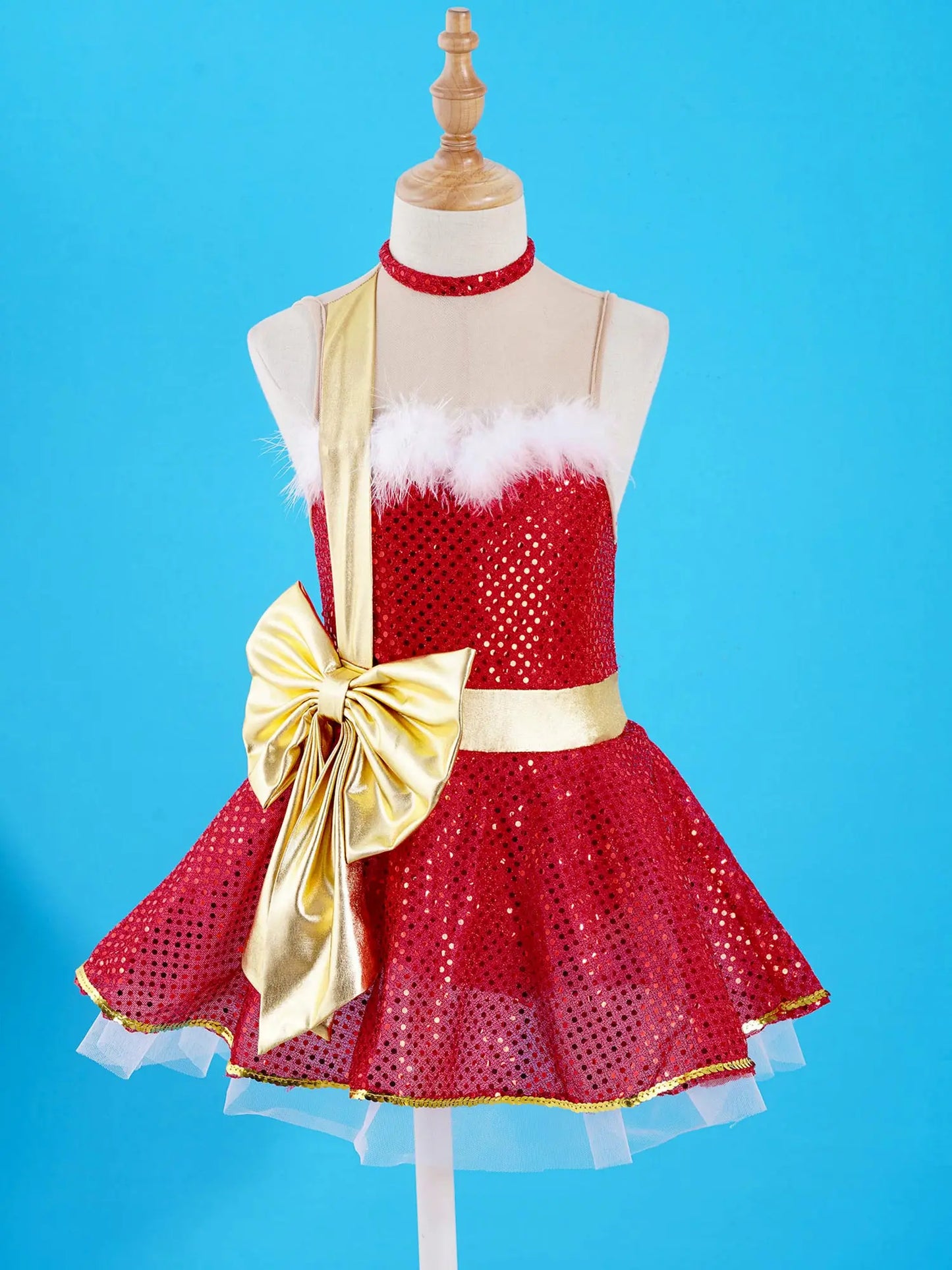 Children Girls Christmas Dance Dress Sleeveless Shiny Sequins Mesh Tutu Dancewear Ballet Dance Figure Skating Leotards Dresses