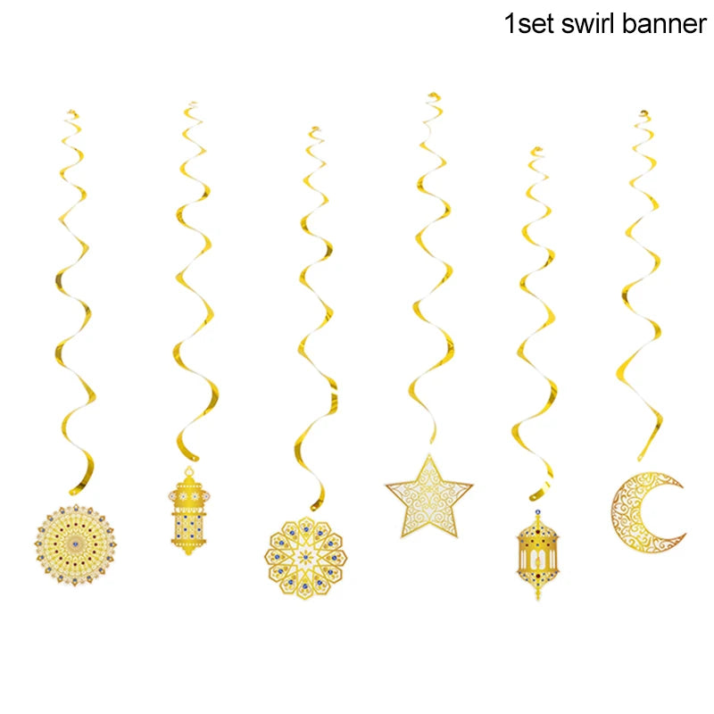 Eid Mubarak Disposable Tableware Gold Plate Cup Banner Gift Bags Islamic Muslim Party Supplies 2024 Ramadan Kareem Decorations