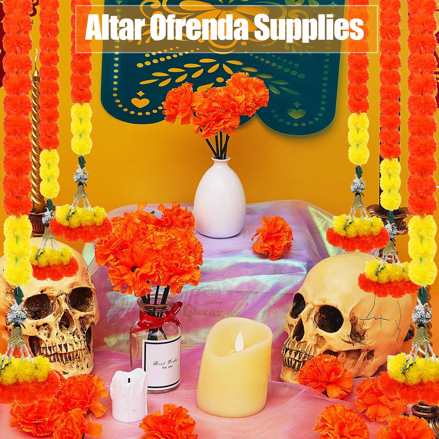 5-30pcs Marigold Flower Garland for Decoration 5 Ft Artificial Flower Garland Pooja, Diwali,Mexican Party ,Day of the Dead Decor