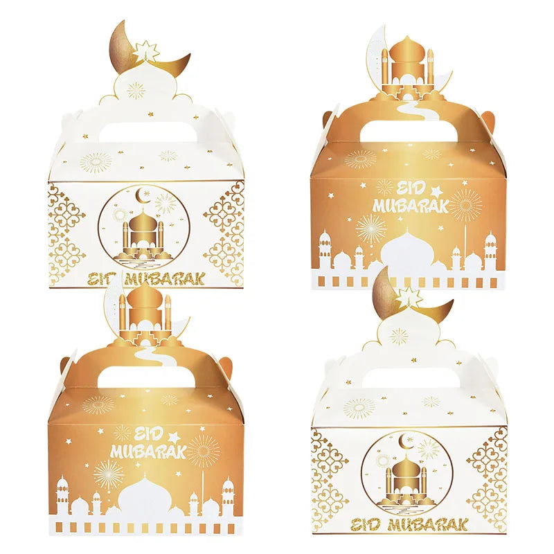 4Pcs EID Mubarak Gift Box 2024 Ramadan Mubarak Biscuit Candy Snack Packaging Box Bag Supplies Islamic Muslim Party Decoration