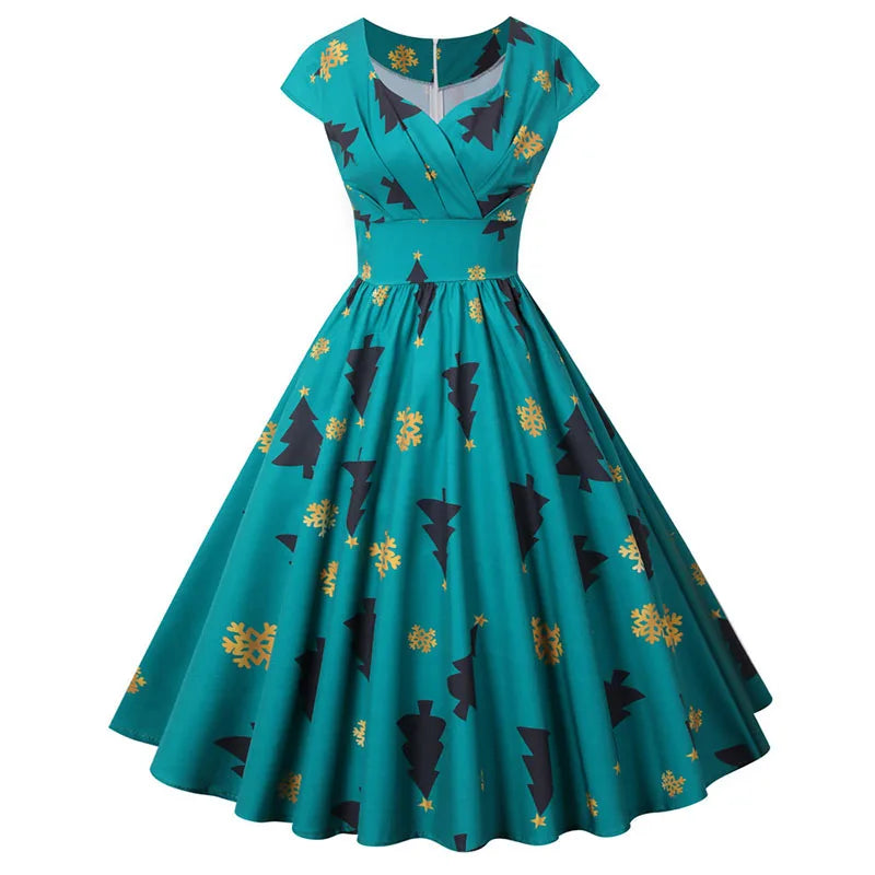 White Print Vintage Christmas Dress Women Winter Big Swing Elegant Short Sleeve v Neck Sexy New Year Party Sundress