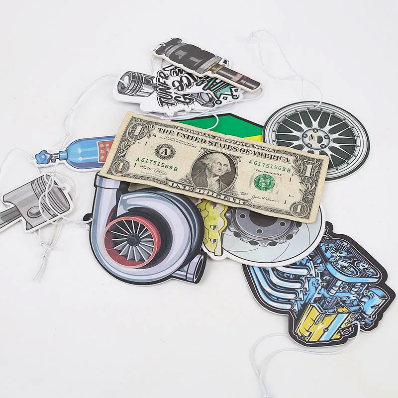 JDM Style Car Rear View Mirrow Pendent Air Freshener Solid Paper Piston Brake Wheel Rim Shock Absorber