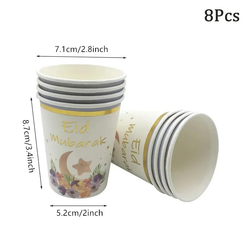 Hot Stamping Eid Mubarak Disposable Paper Plate Cup Napkin Islamic Muslim Eid Al Adha Home Party Decor Ramadan Kareem Supplies