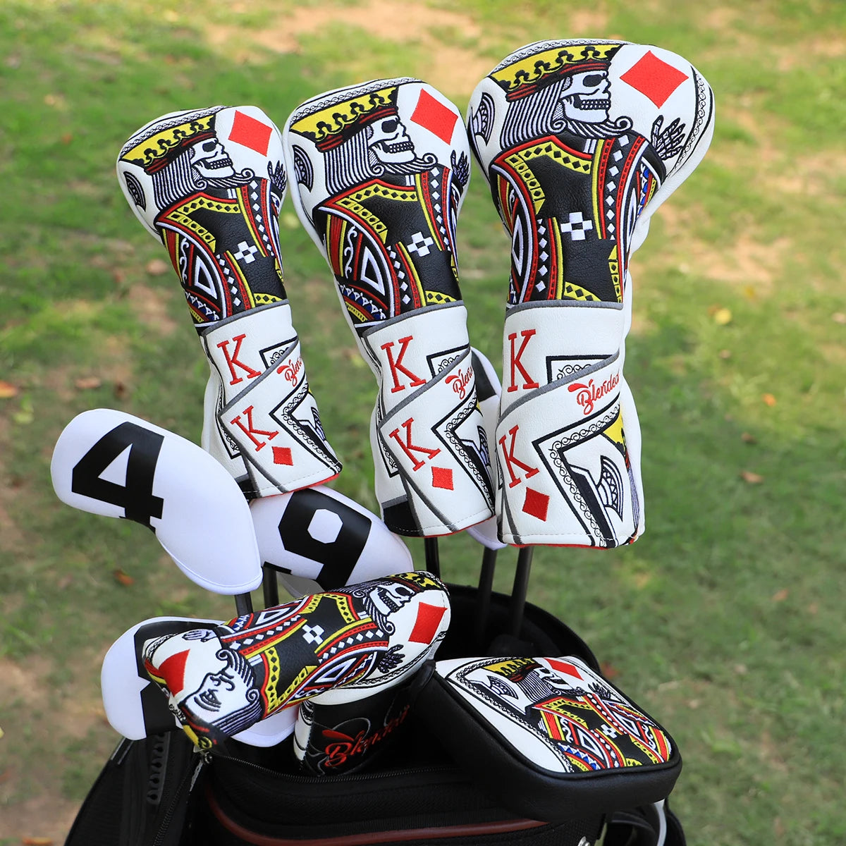 Lucky K High Qaulity Embroidery Golf Driver Fairway Hybrid Head Covers Black Premium Leather Wood Covers Blade Mallet Putter