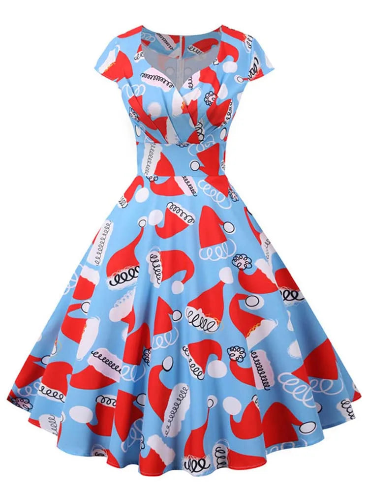 White Print Vintage Christmas Dress Women Winter Big Swing Elegant Short Sleeve v Neck Sexy New Year Party Sundress