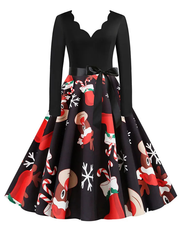 Black Big Swing Print Vintage Christmas Dress Women Winter Casual Long Sleeve v Neck Sexy New Year Party Dress S~3XL