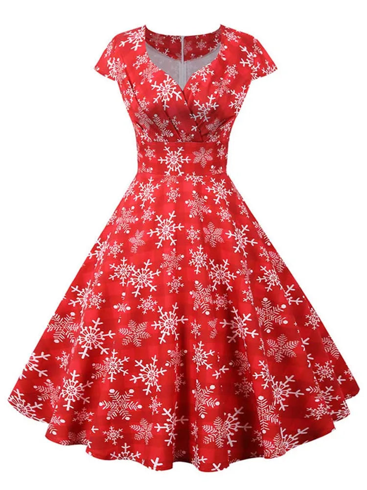 White Print Vintage Christmas Dress Women Winter Big Swing Elegant Short Sleeve v Neck Sexy New Year Party Sundress