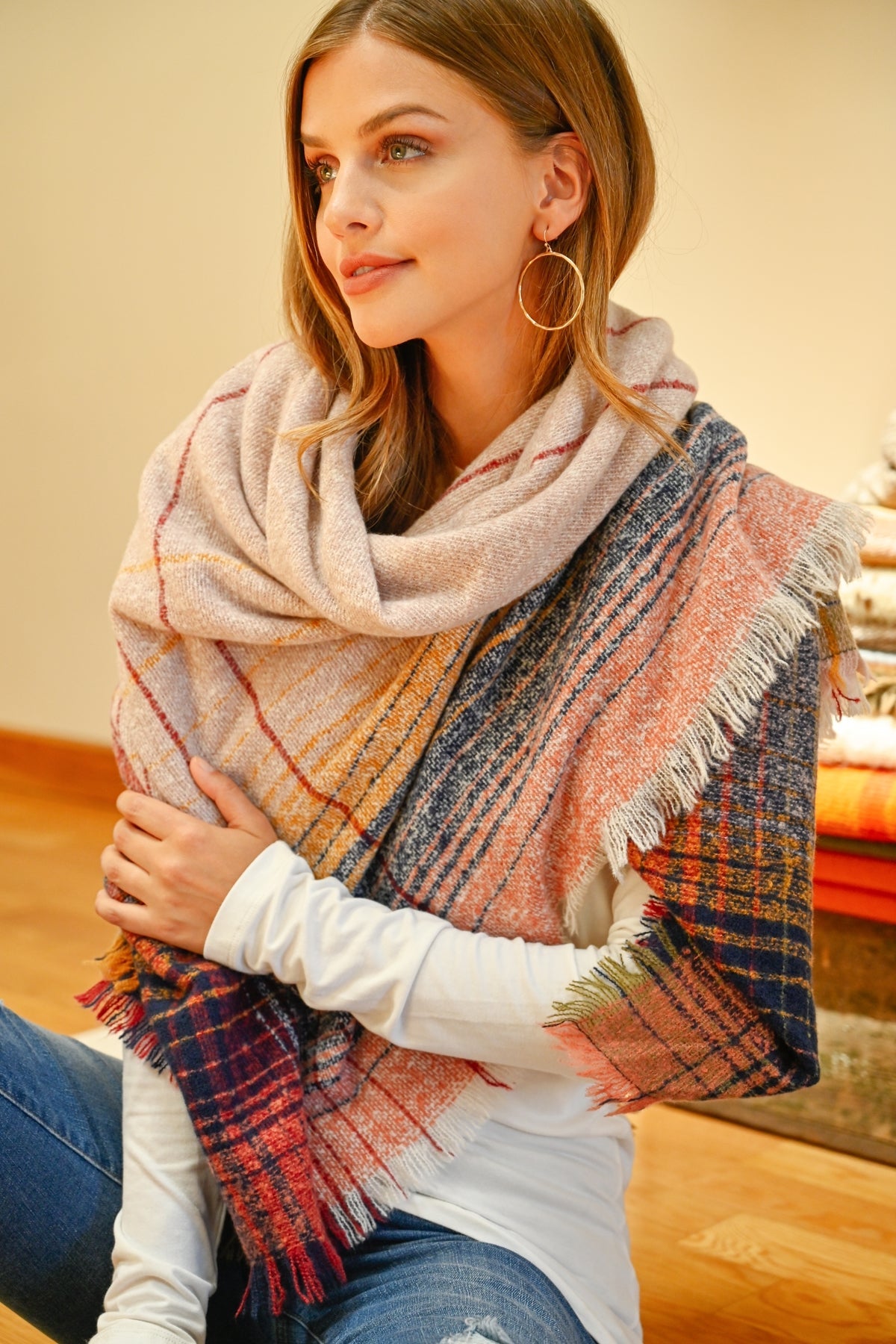 Hdf2913 - Multicolor Blanket Fringed Scarf