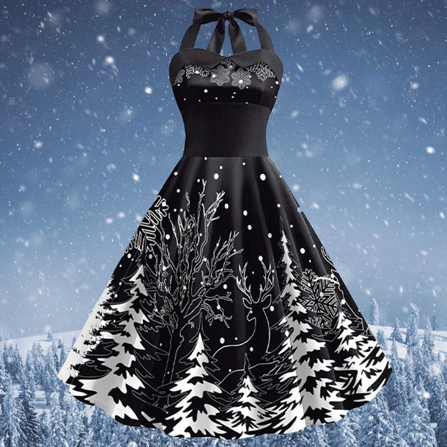 Red Christmas Snowflake Elk Print Halter Dresses for Women Sexy Backless Cocktail Party Dress 50s 60s Pin Up Rockabilly Dress