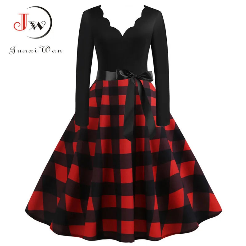 Black Big Swing Print Vintage Christmas Dress Women Winter Casual Long Sleeve v Neck Sexy New Year Party Dress S~3XL