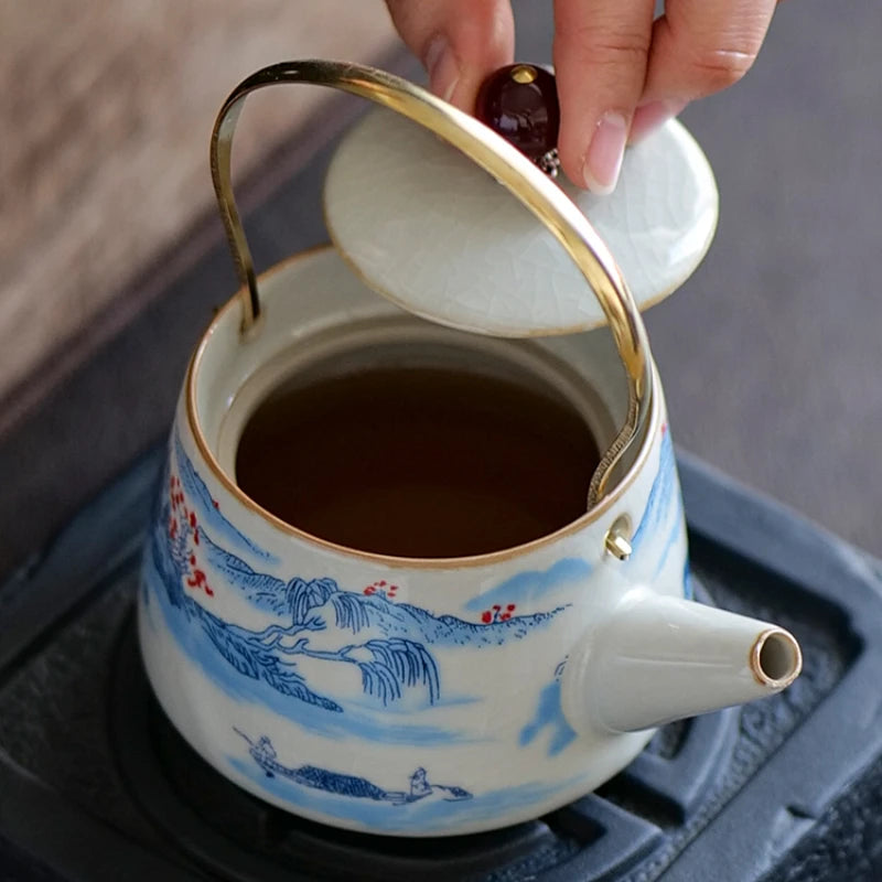 Ru Kiln Simple Lifting Beam Pot Ceramic Kung Fu Tea Set Home Brewing Teapot Office Single Pot Tea Brewer Open Slice