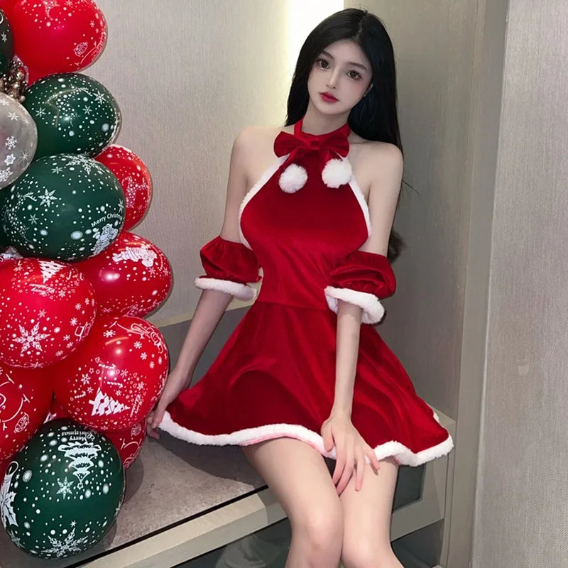 Christmas Sexy Dress Red Lace-Ups Slim Winter Sexy Slim Cute Red Dresses Patchwork Bow Christmas Sweet Dress