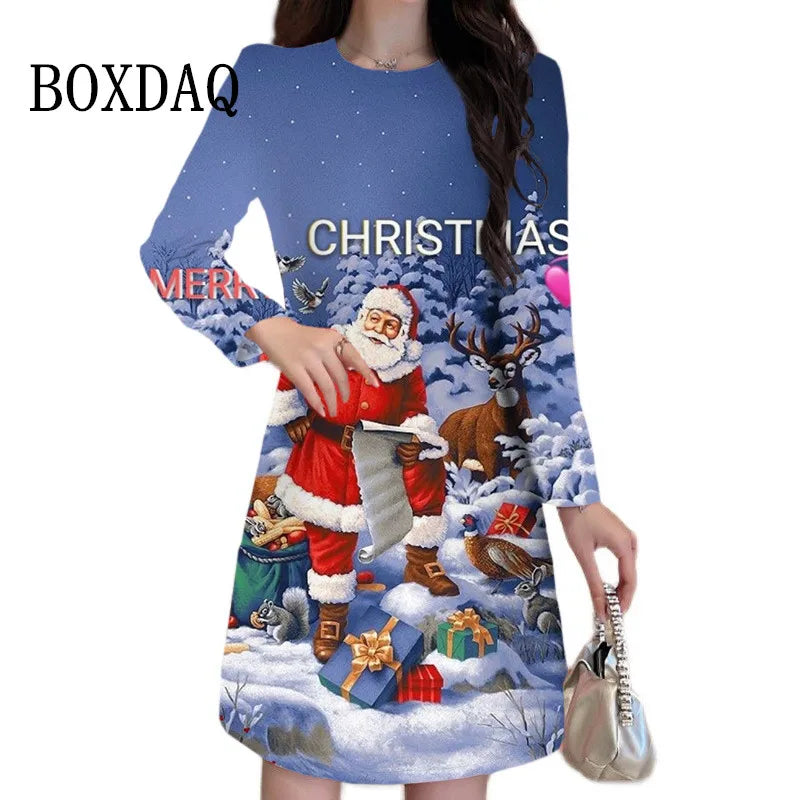 Cartoon Cute Print Women Dress Long Sleeve Santa Claus Pattern Christmas Dress Autumn Winter Casual Party Mini Dresses Plus Size