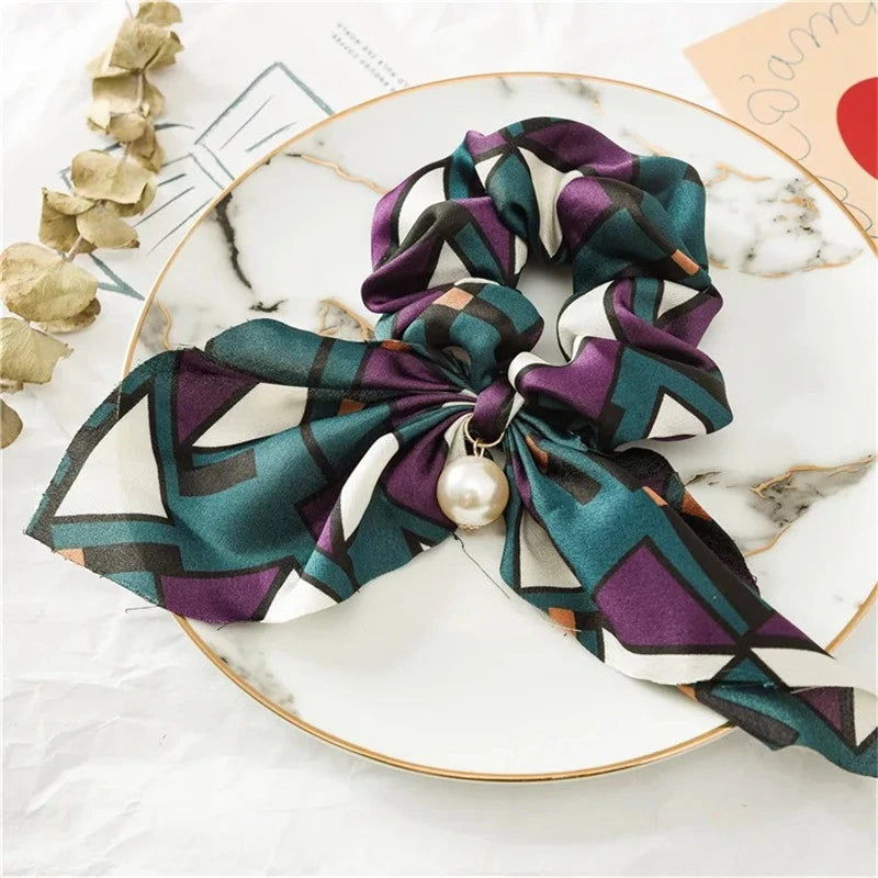 Fashion Bowknot Ponytail Holder Elastic Hair Bands for Girls Flower Printing Hair Accessories Women Hairband Ribbon Headwear