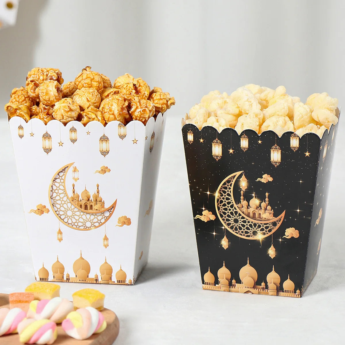 EID Popcorn Box Candy Bag Biscuit Gift Box Ramadan Decorations for Home 2024 EID Mubarak Islamic Muslim Party Decor Eid Al-Fitr