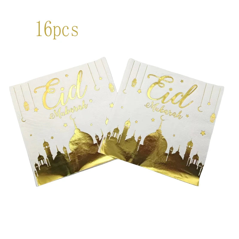 Hot Stamping Eid Mubarak Disposable Paper Plate Cup Napkin Islamic Muslim Eid Al Adha Home Party Decor Ramadan Kareem Supplies