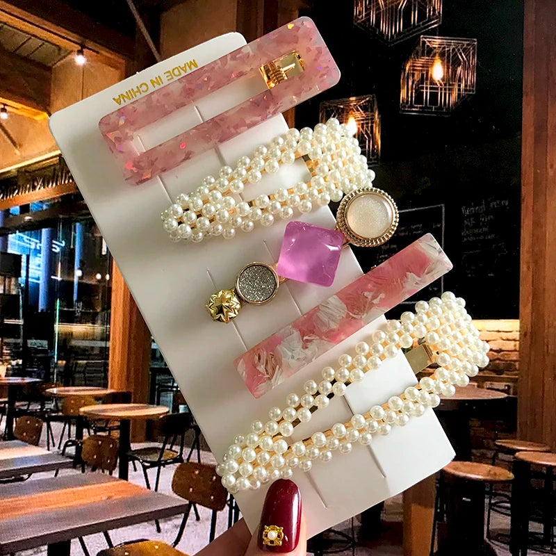 Acrylic Barrettes Headwear Pearl Hair Clip Sets for Women Fashion Geometric Hairpins Hair Accessories Headdress Girl Bobby Clip