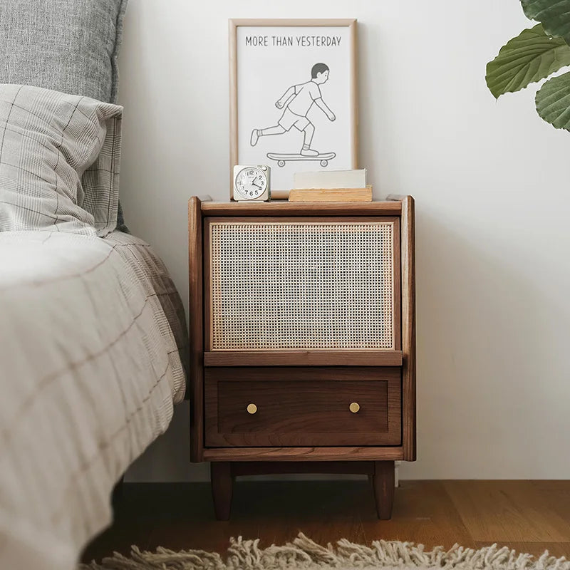 Nightstands Rattan Weaving Bedroom Furniture Bedside Table Multifunctional Small Side Storage Cabinet Solid Wood Night Stand