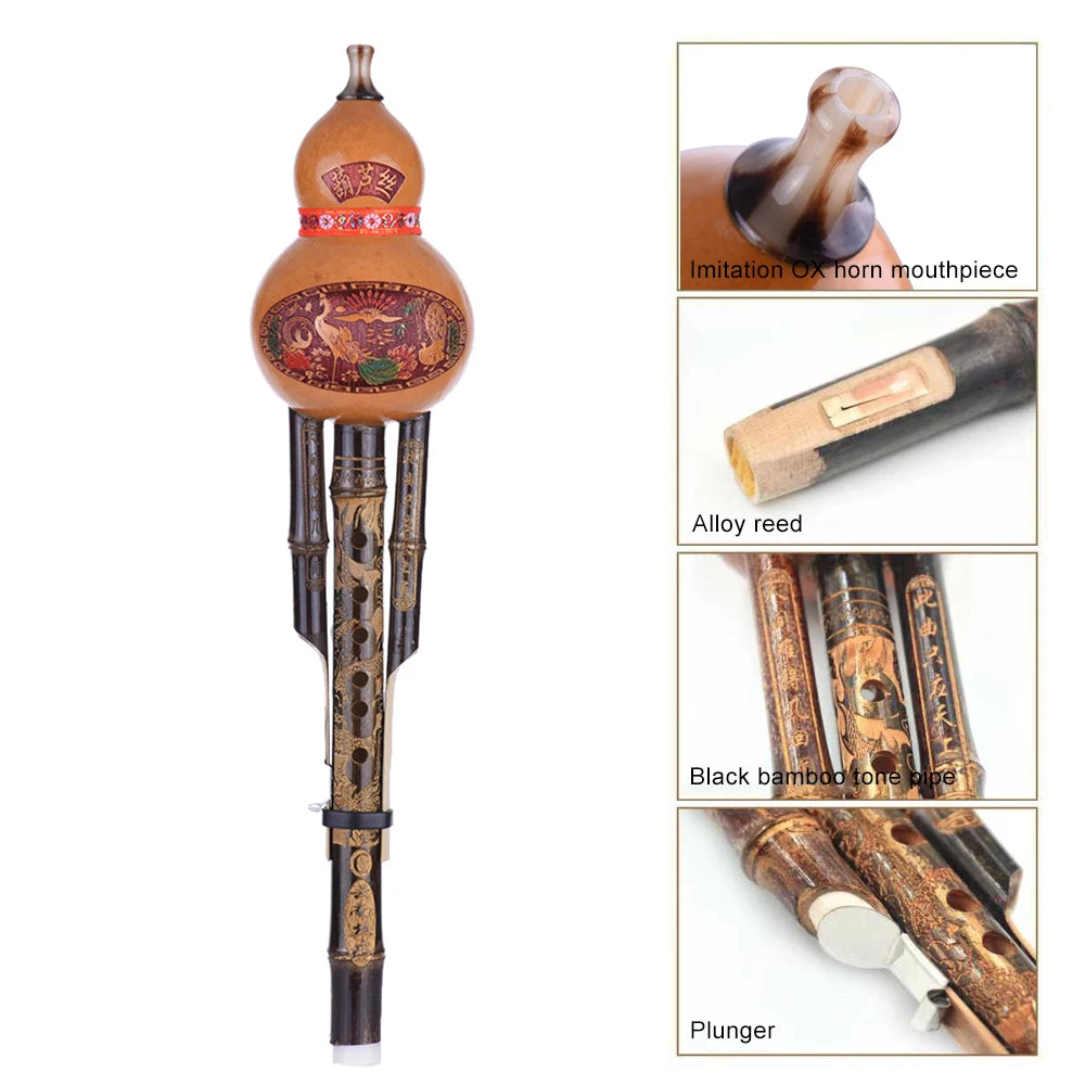 Chinese Handmade Hulusi Black Bamboo Gourd Cucurbit Flute Ethnic Musical Instrument Key of C With Case for Beginner Music Lovers
