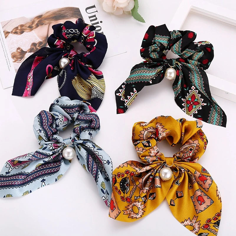 Chiffon Hair Scrunchies Women Fashion Pearl Ponytail Holder Hair Tie Hair Rope Rubber Bands Hair Accessories Bowknot Headwear