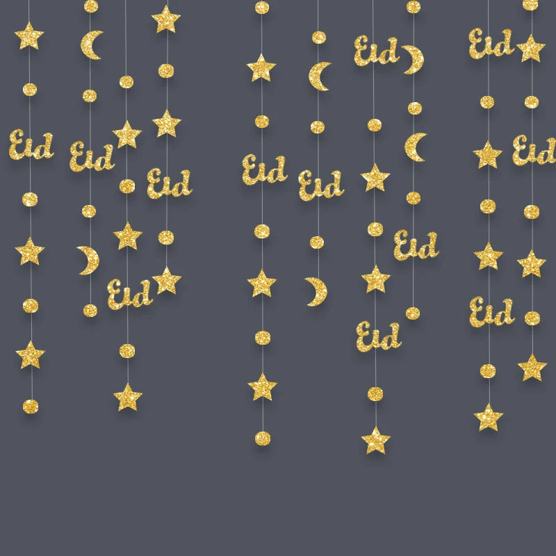 4M Ramadan Decoration 2024 Gold Moon Star Lamp Hanging Garland Ornament EID Mubarak Muslim Mubarak Party Supplies Eid Al-Fitr