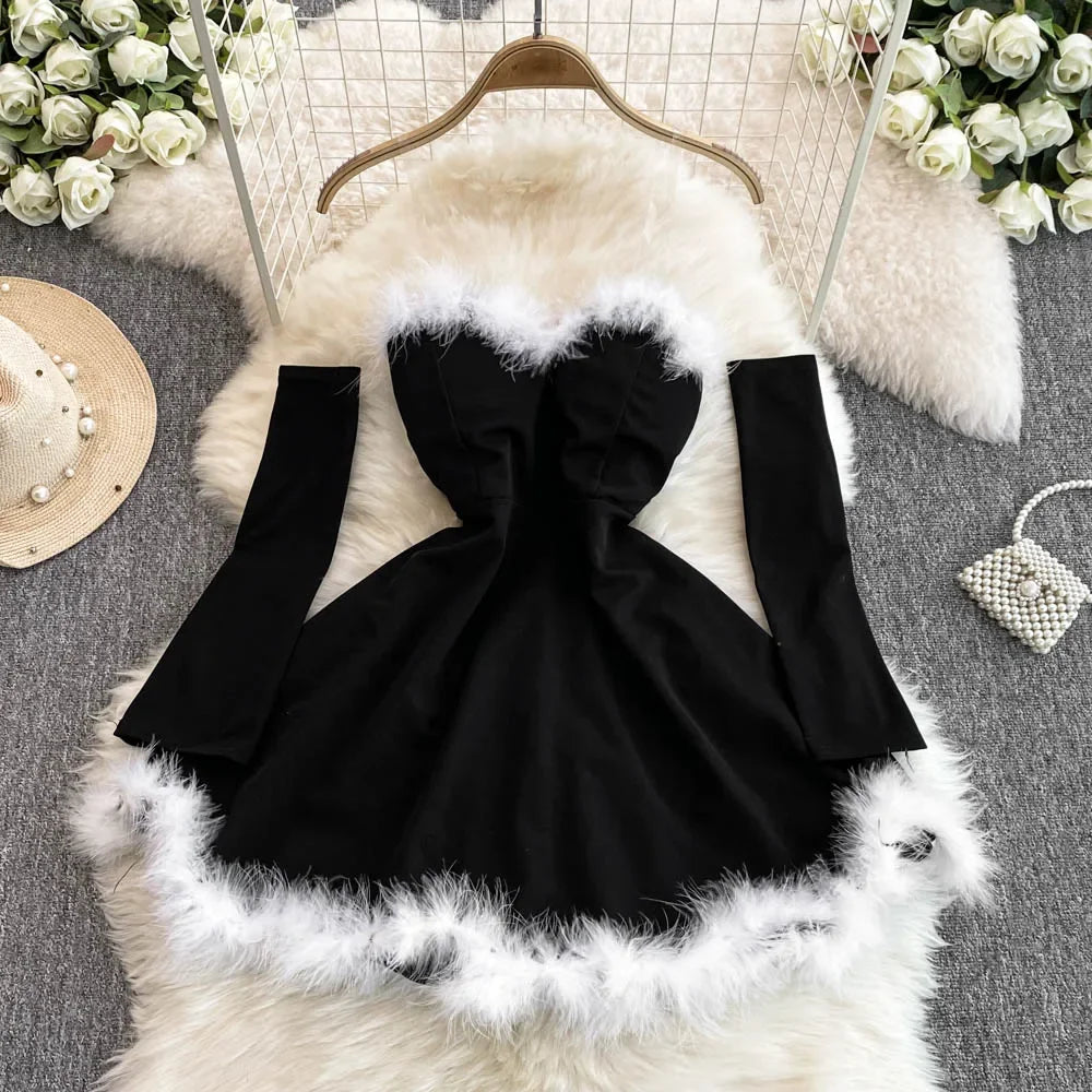 Foamlina Women's Christmas Dress Sexy Low-Cut Waist Thin Big Pendulum Fluffy Splicing Suspender Tube Ling Dress Red