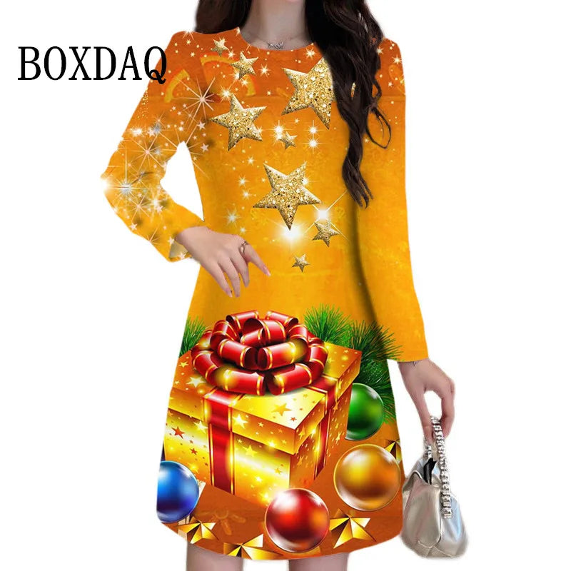 Cartoon Cute Print Women Dress Long Sleeve Santa Claus Pattern Christmas Dress Autumn Winter Casual Party Mini Dresses Plus Size