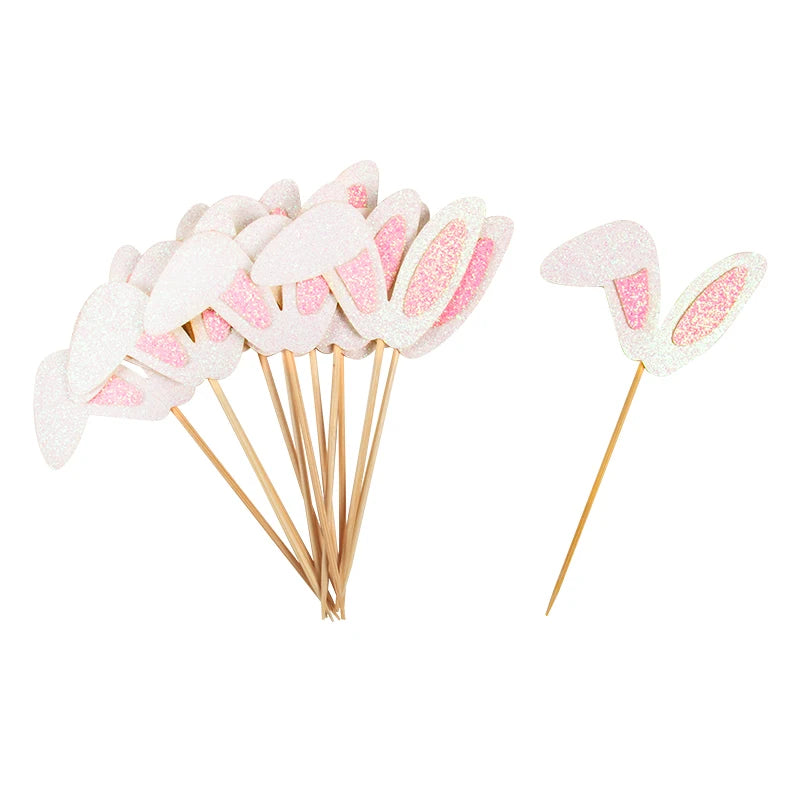 12/24pcs Bunny Ears Cupcake Topper Easter Rabbit Cake Decoration Kids Birthday Party Cake Dessert Decor Happy Easter Decorations