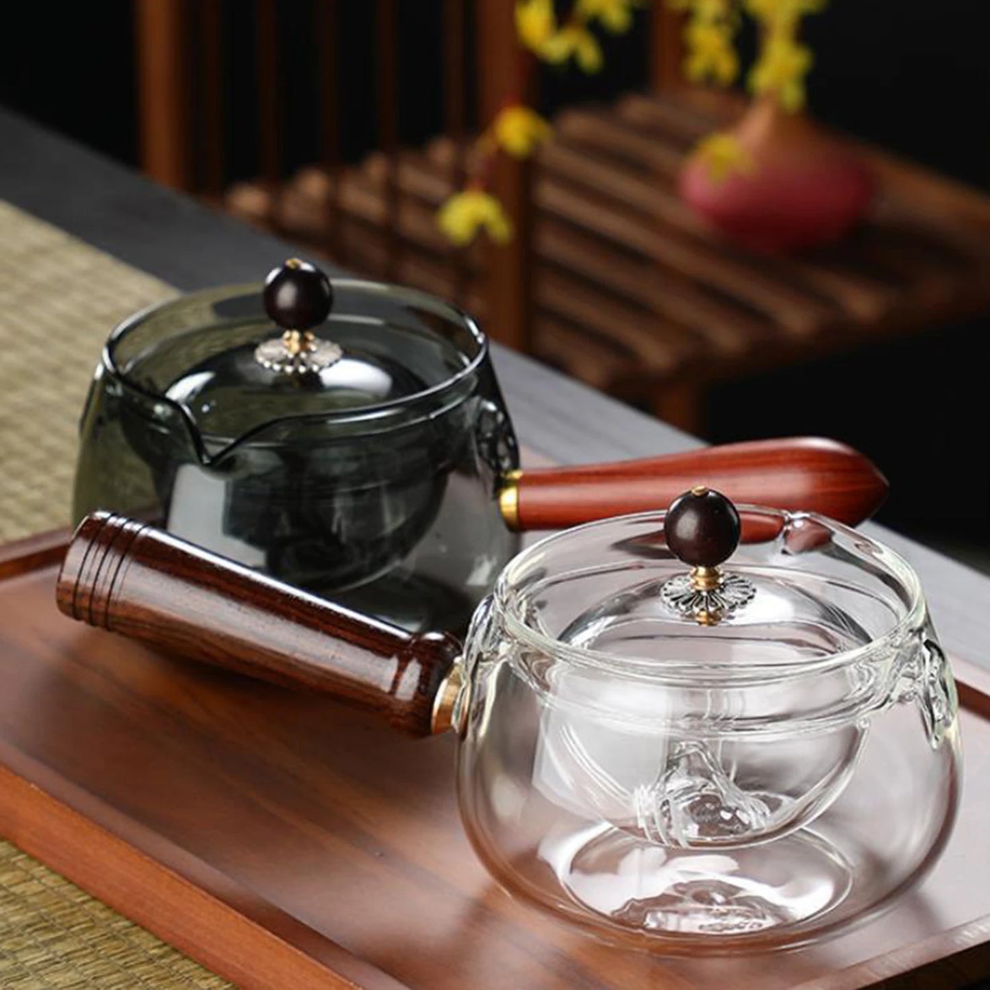 500ml Rotating Tea Maker Glass Teapot Side to Boil Blooming Tea Maker for Home Office Heat Resistant Clear Teapot Lid Kettle