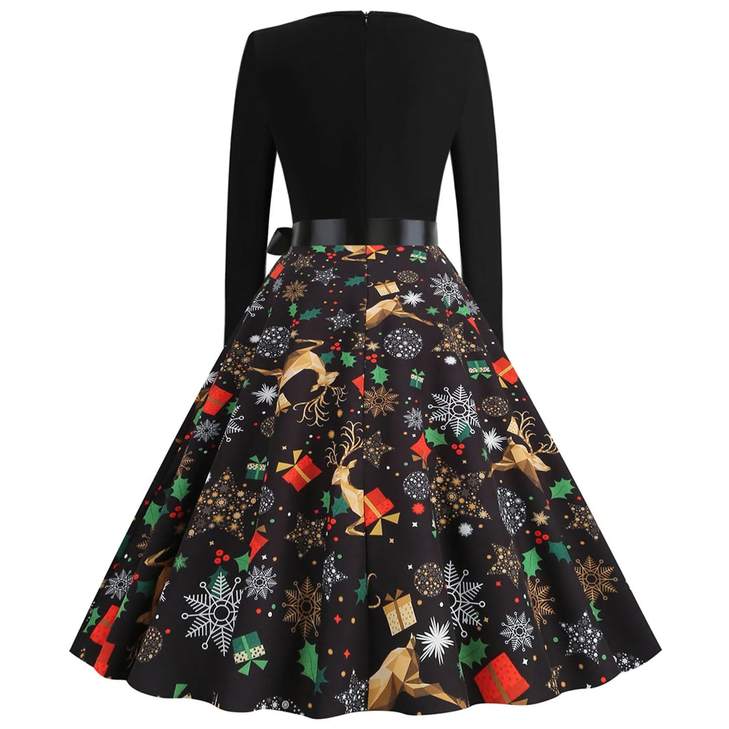Christmas Long Sleeve Bow Belt Slim Party Women Dress Sexy Elegance Snowfalke Elk Gifts Patchwork v Neck Swing A-Line Dresses